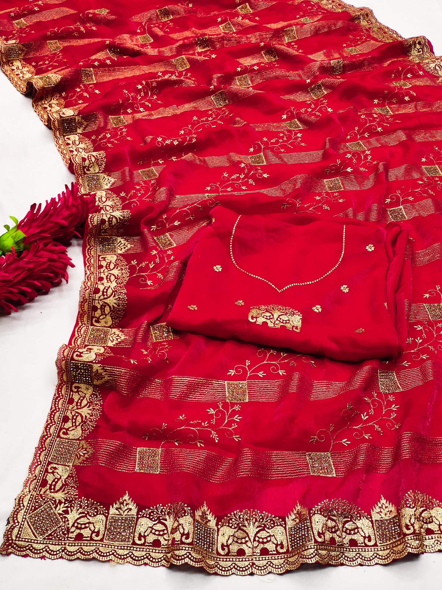 DF-SONPARI FENDI CHIFFON SAREE WITH BEAUTIFUL GAJRAJ BORDER WITH JHAL DESIGN ON BODY WITH HEAVY BLOUSE