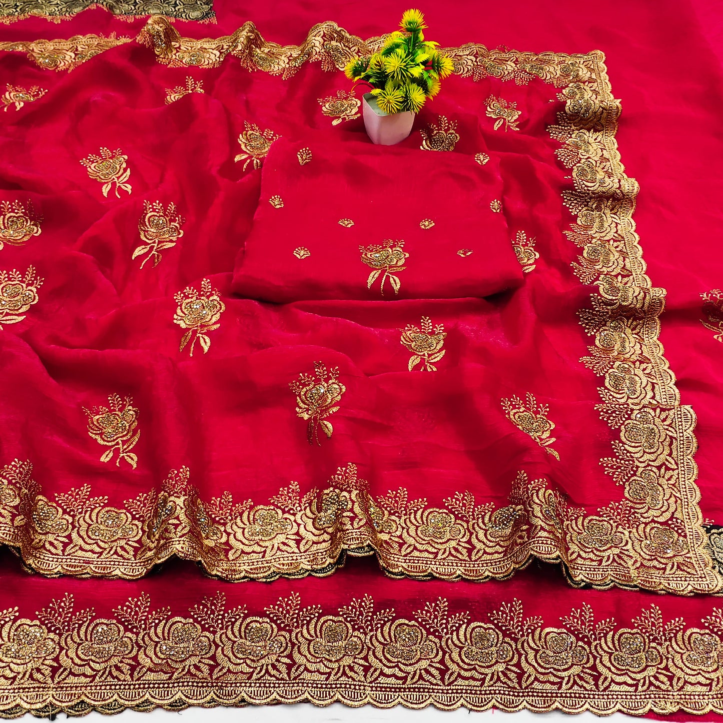 DF-AMRUT FENDI CHIFFON SAREE WITH BEAUTIFUL EMBORDERY WORK WITH SIROSKI OB BUTTHA WITH HEAVY BLOUSE