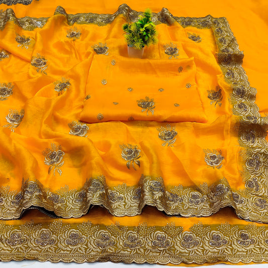 DF-AMRUT FENDI CHIFFON SAREE WITH BEAUTIFUL EMBORDERY WORK WITH SIROSKI OB BUTTHA WITH HEAVY BLOUSE