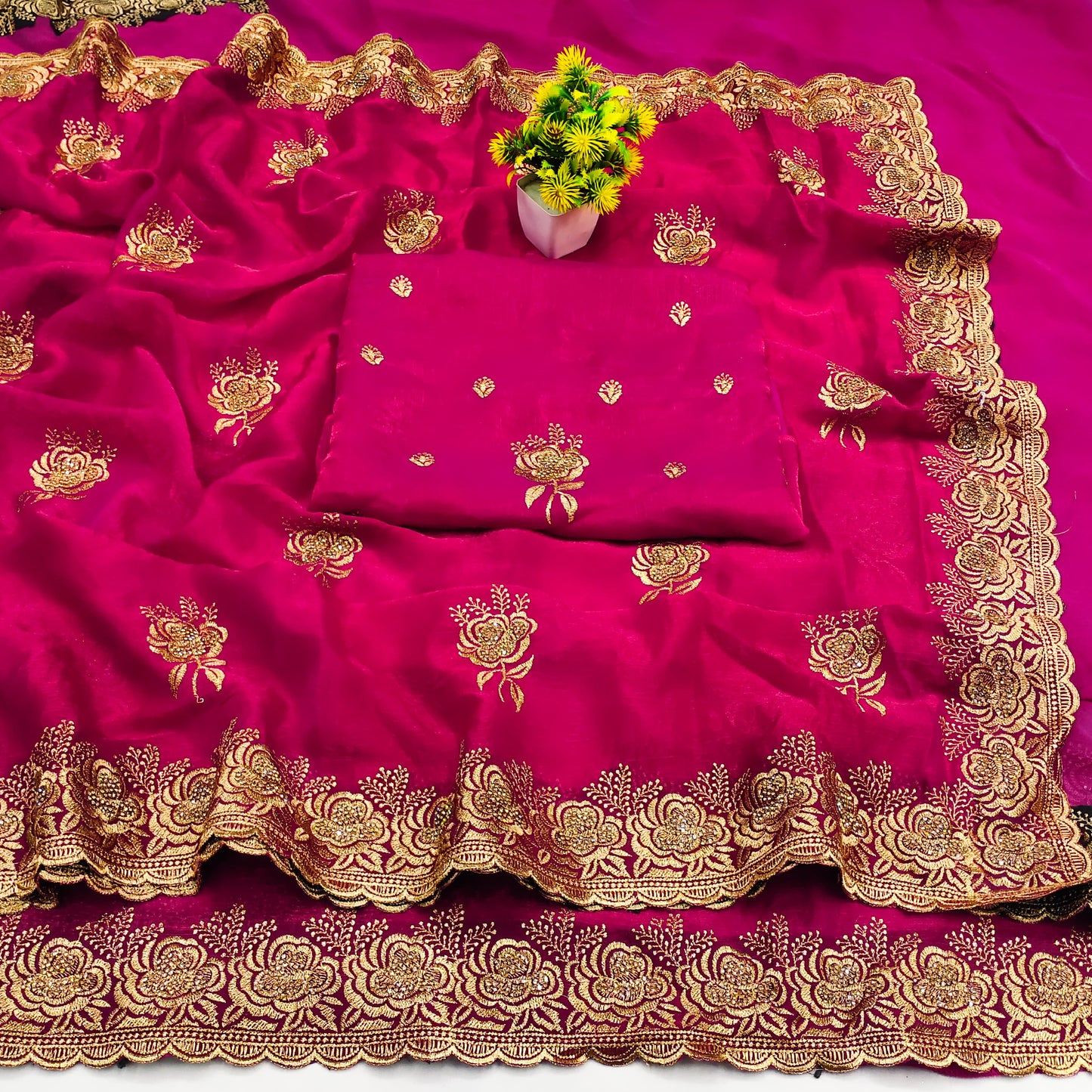 DF-AMRUT FENDI CHIFFON SAREE WITH BEAUTIFUL EMBORDERY WORK WITH SIROSKI OB BUTTHA WITH HEAVY BLOUSE
