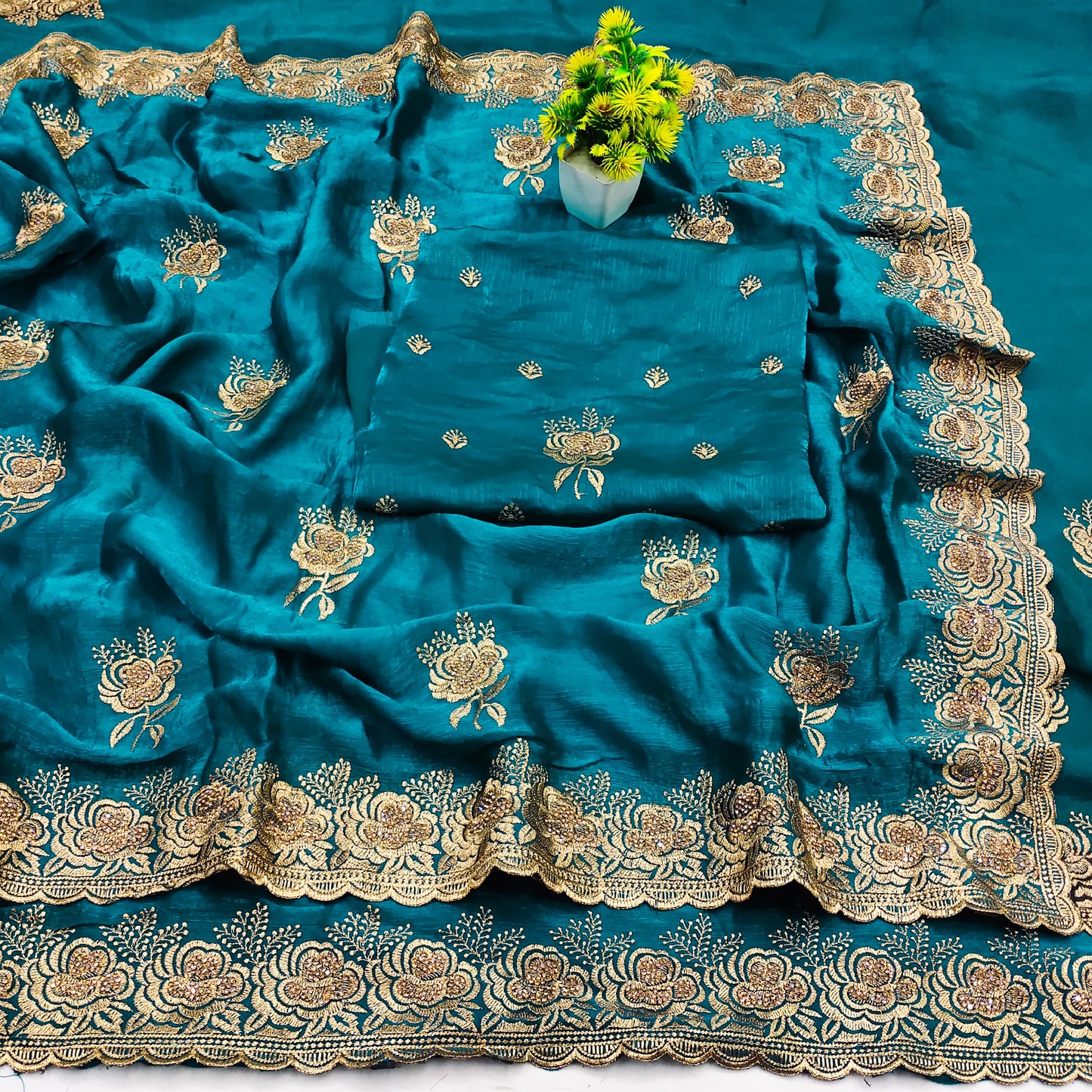 DF-AMRUT FENDI CHIFFON SAREE WITH BEAUTIFUL EMBORDERY WORK WITH SIROSKI OB BUTTHA WITH HEAVY BLOUSE