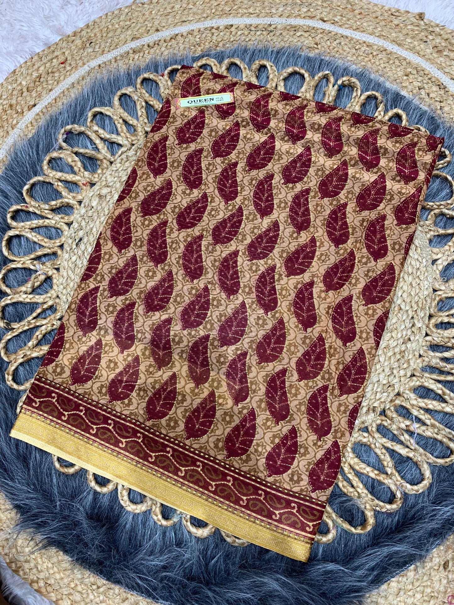 CT-QUEEN-BP SUTI COTTON SAREE WITH BEAUTIFUL PRINT WITH CHIKKO COLOUR COMMON WITH BLOUSE PIECE