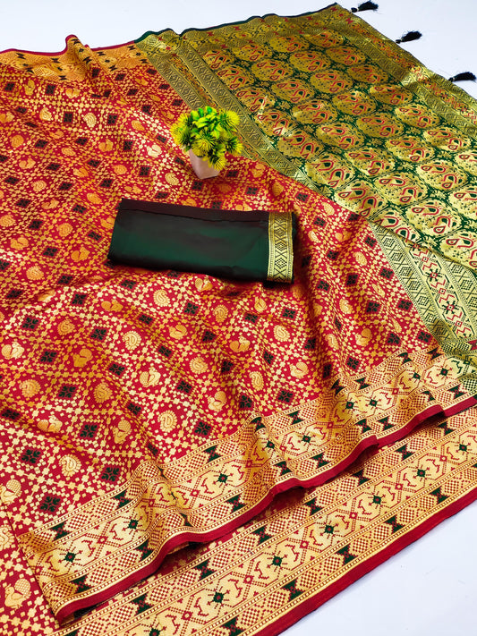 AJ-PATOLA-PAITHANI SOFT PAITHANI SILK SAREE WITH BEAUTIFUL PEACOCK WITH MENNAKARI WORK WITH HEAVY TUSSLES