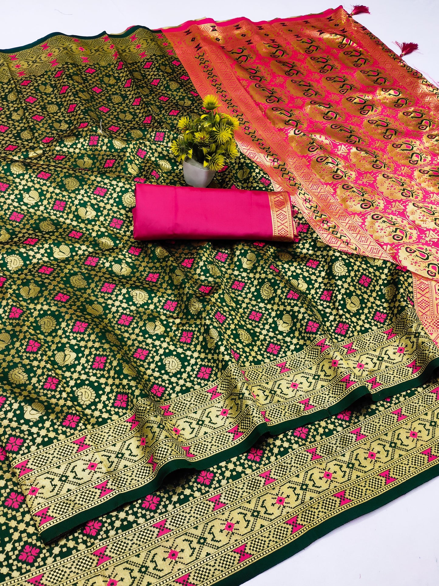 AJ-PATOLA-PAITHANI SOFT PAITHANI SILK SAREE WITH BEAUTIFUL PEACOCK WITH MENNAKARI WORK WITH HEAVY TUSSLES