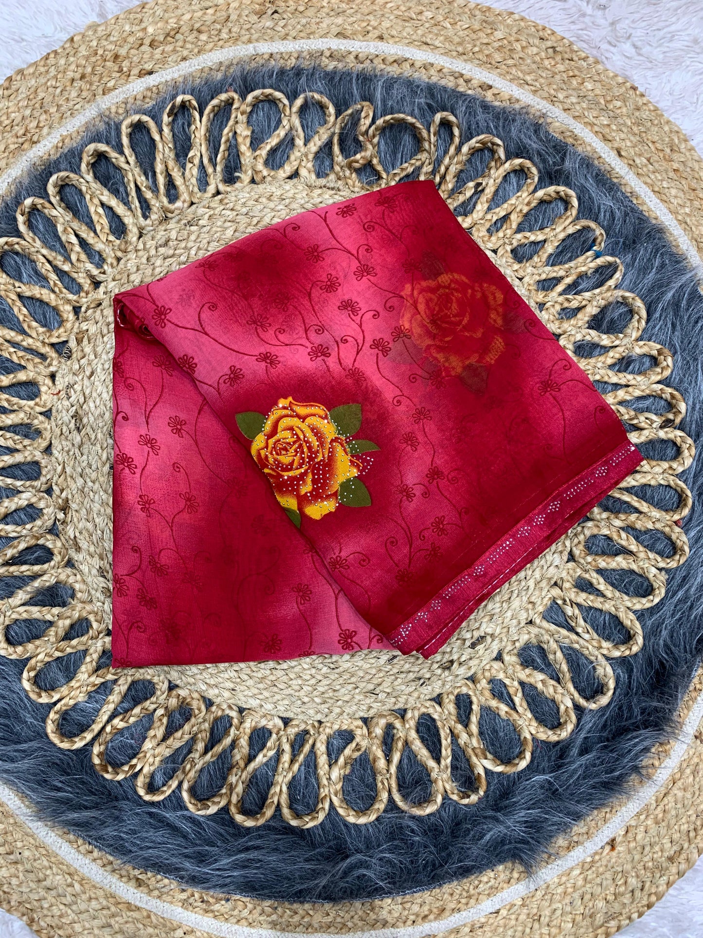 RR-KALAI WEIGHTLESS GEORGETTE SAREE WITH BEAUTIFUL PRINT WITH SIROSKI BORDER AND SIROSKI ON BUTTHA