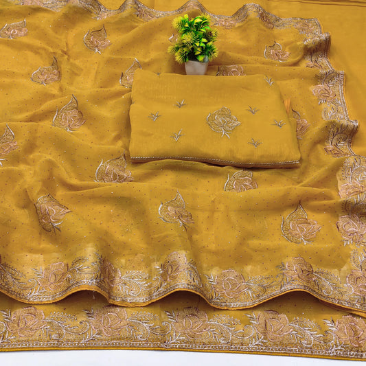 DF-TIPTOP PREMIUM SIMMER SAREE WITH EMBROIDERY LEAF DESIGN WITH SIROSKI WORK ALL OVER ADDITIONAL HEAVY BLOUSE