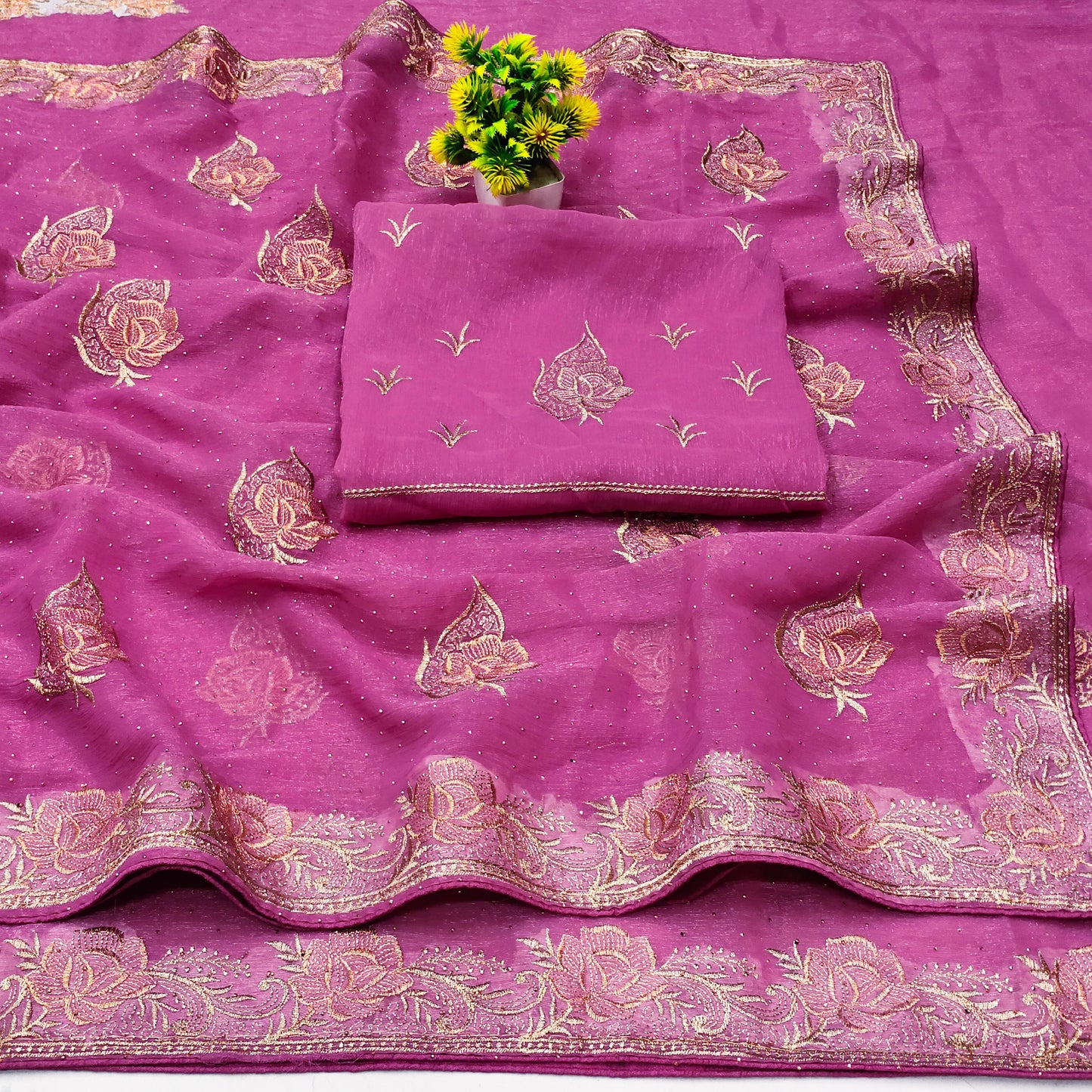 DF-TIPTOP PREMIUM SIMMER SAREE WITH EMBROIDERY LEAF DESIGN WITH SIROSKI WORK ALL OVER ADDITIONAL HEAVY BLOUSE