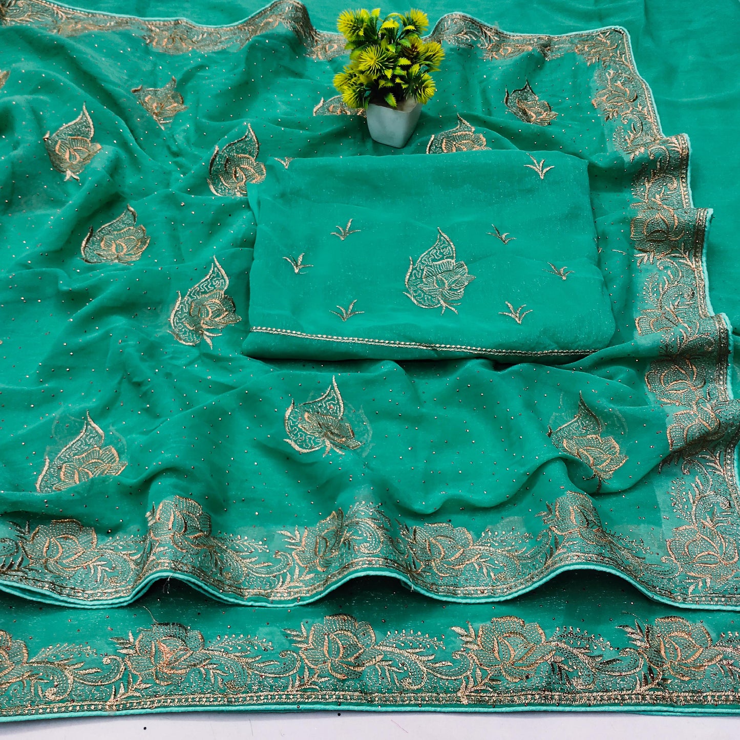 DF-TIPTOP PREMIUM SIMMER SAREE WITH EMBROIDERY LEAF DESIGN WITH SIROSKI WORK ALL OVER ADDITIONAL HEAVY BLOUSE
