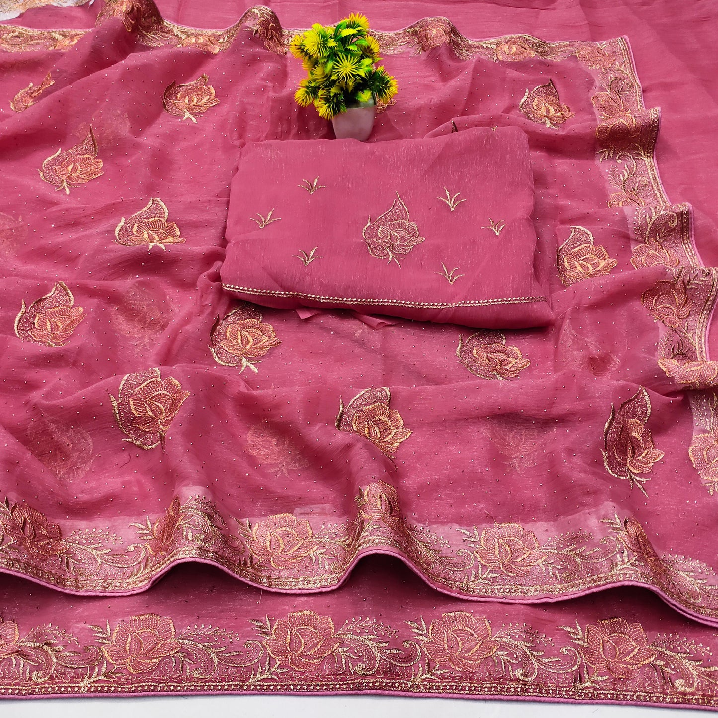 DF-TIPTOP PREMIUM SIMMER SAREE WITH EMBROIDERY LEAF DESIGN WITH SIROSKI WORK ALL OVER ADDITIONAL HEAVY BLOUSE