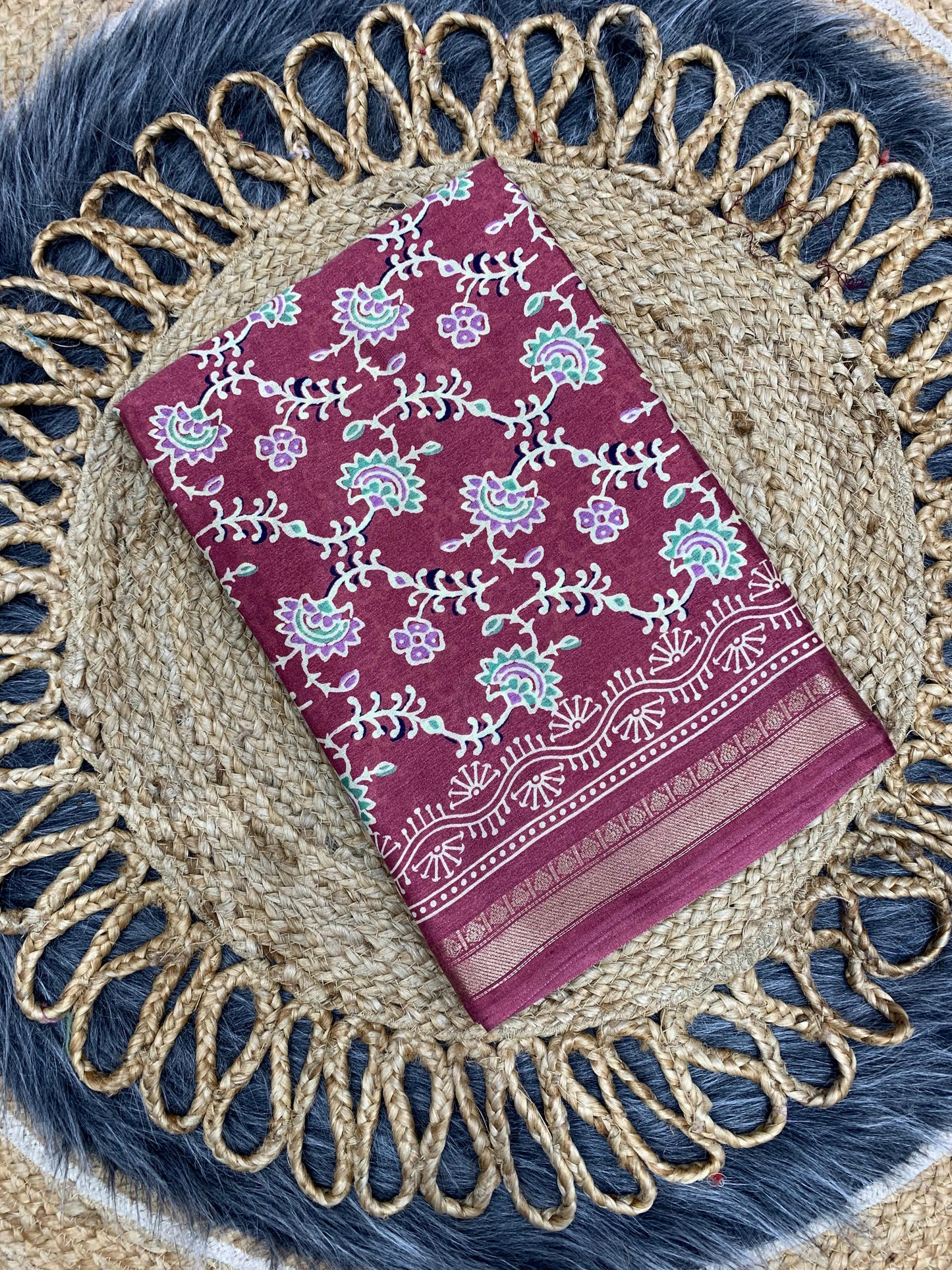 CP-7082 DOLA SILK SAREE WITH BEAUTIFUL AJRAK PRINT WITH FULL 6.30 MTR