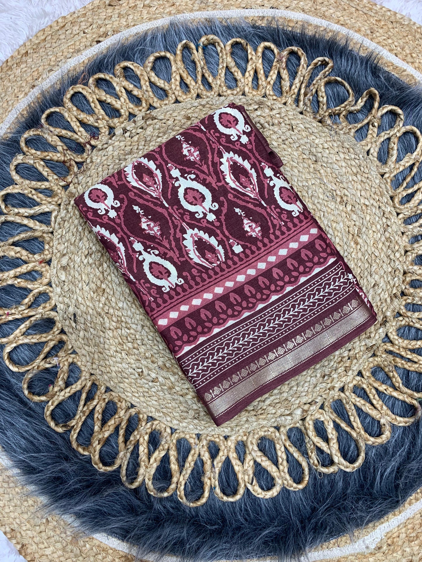 CP-7083 DOLA SILK SAREE WITH BEAUTIFUL AJRAK PRINT WITH FULL 6.30 MTR