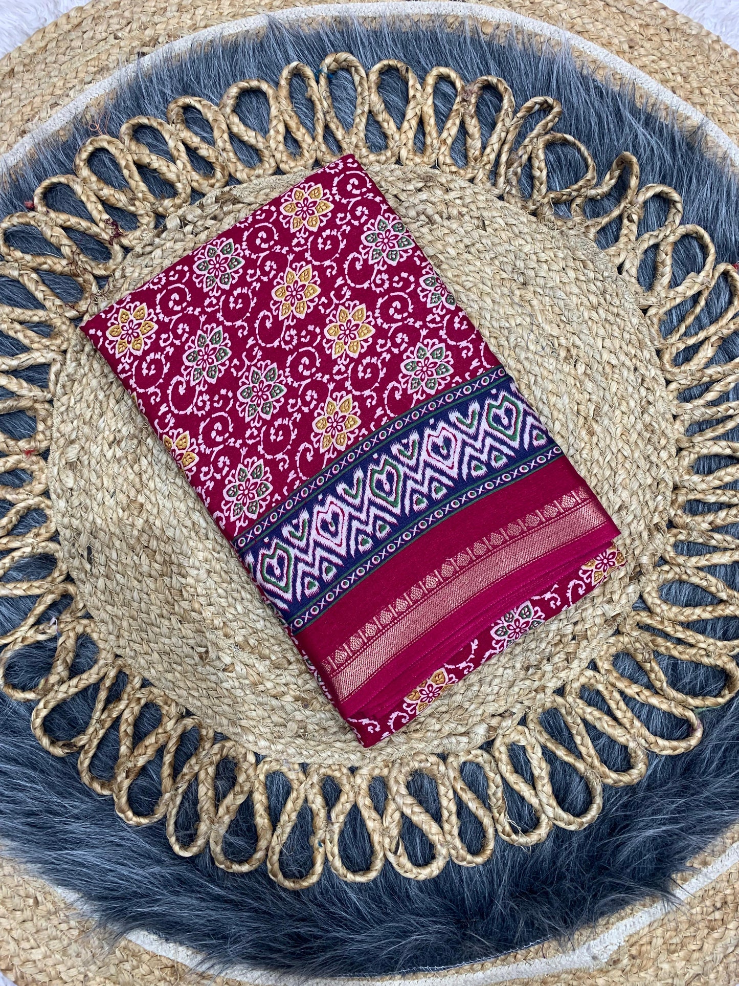 CP-7084 DOLA SILK SAREE WITH BEAUTIFUL AJRAK PRINT WITH FULL 6.30 MTR