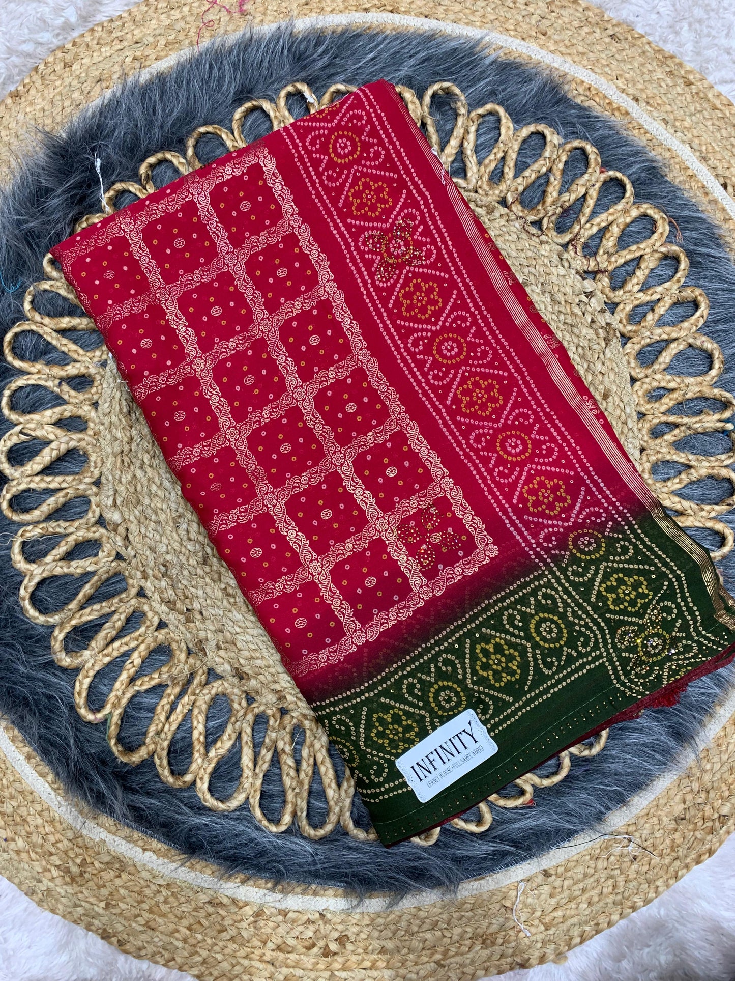 RF-INFINITY FANCY PRINTED SAREE WITH BEAUTIFUL BANDANI WITH GHARCHOLA WITH FOIL PRINT WITH HEAVY FIRMA BLOUSE