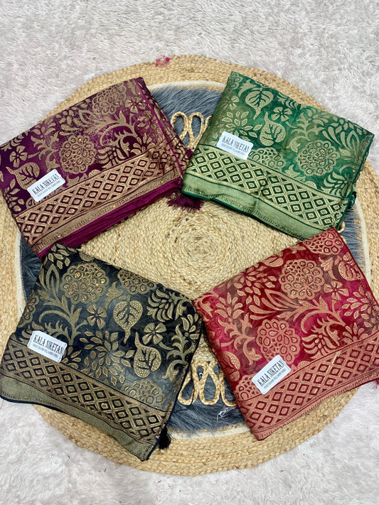 RF-KALA-NIKETAN 4 FANCY FABRIC SAREE WITH BRASO PRINT, BOLLYWOOD STYLE PRINT SAREE WITH HEAVY STONE WORK WITH JACKQUARD BORDER WITH HEAVY FIRMA BLOUSE