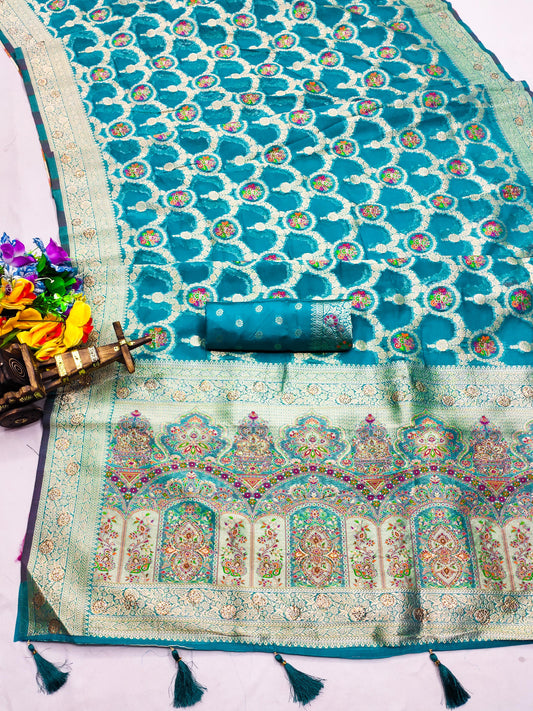 AJ-ASLI-SONA ORGANZA PASHMINA SILK WITH HEAVY SIROSKI WORK ALL OVER WITH HEAVY MEENA WORK WORK WITH FABRIC WORK AT RICH PALLU WITH TASSELS ATTACHED ON PALLU