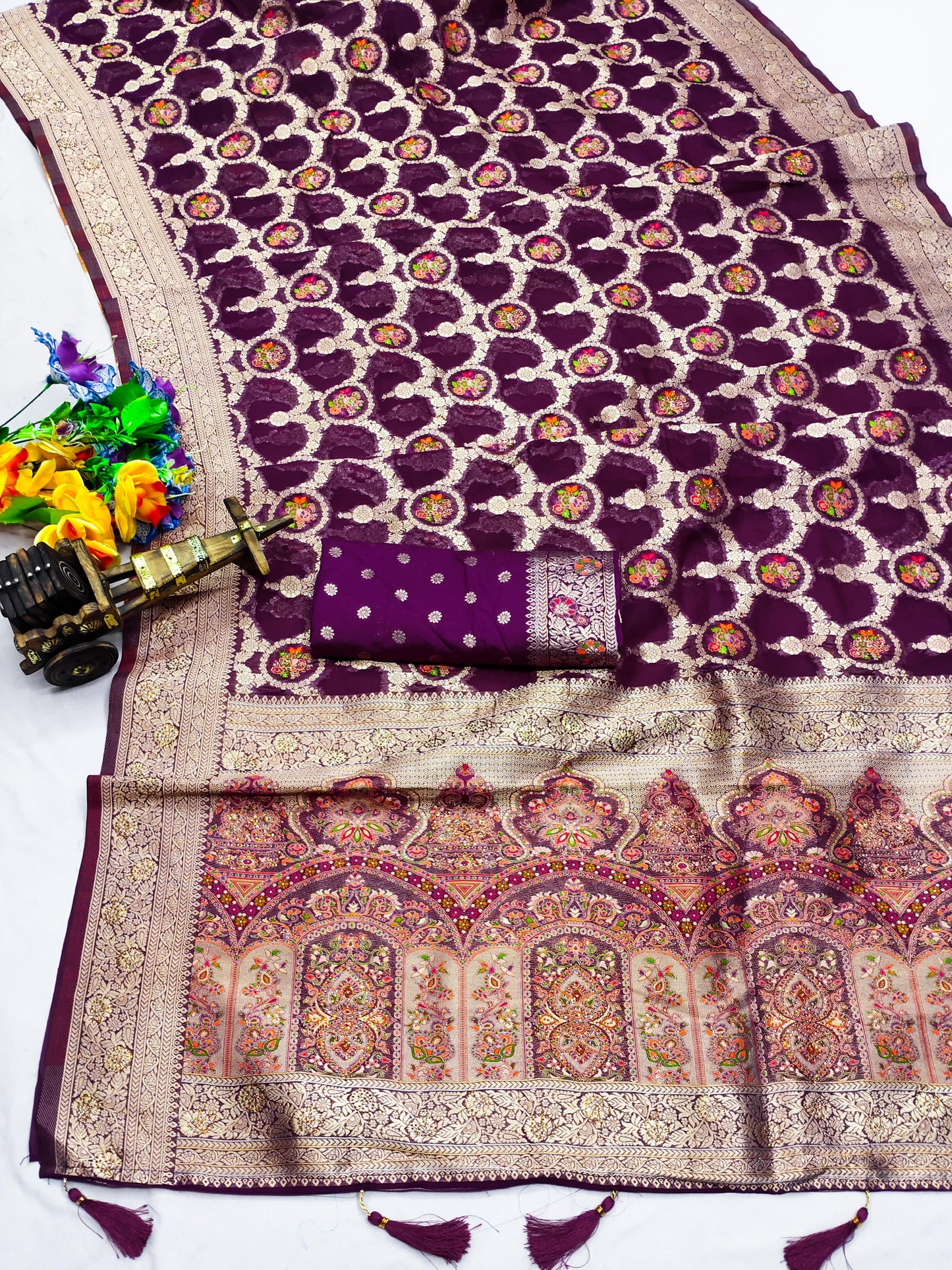 AJ-ASLI-SONA ORGANZA PASHMINA SILK WITH HEAVY SIROSKI WORK ALL OVER WITH HEAVY MEENA WORK WORK WITH FABRIC WORK AT RICH PALLU WITH TASSELS ATTACHED ON PALLU