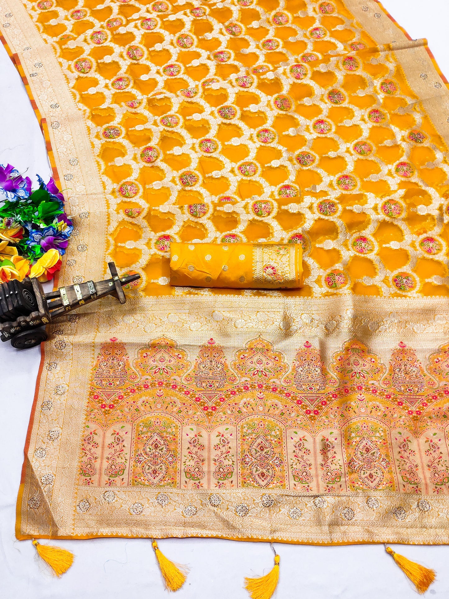 AJ-ASLI-SONA ORGANZA PASHMINA SILK WITH HEAVY SIROSKI WORK ALL OVER WITH HEAVY MEENA WORK WORK WITH FABRIC WORK AT RICH PALLU WITH TASSELS ATTACHED ON PALLU