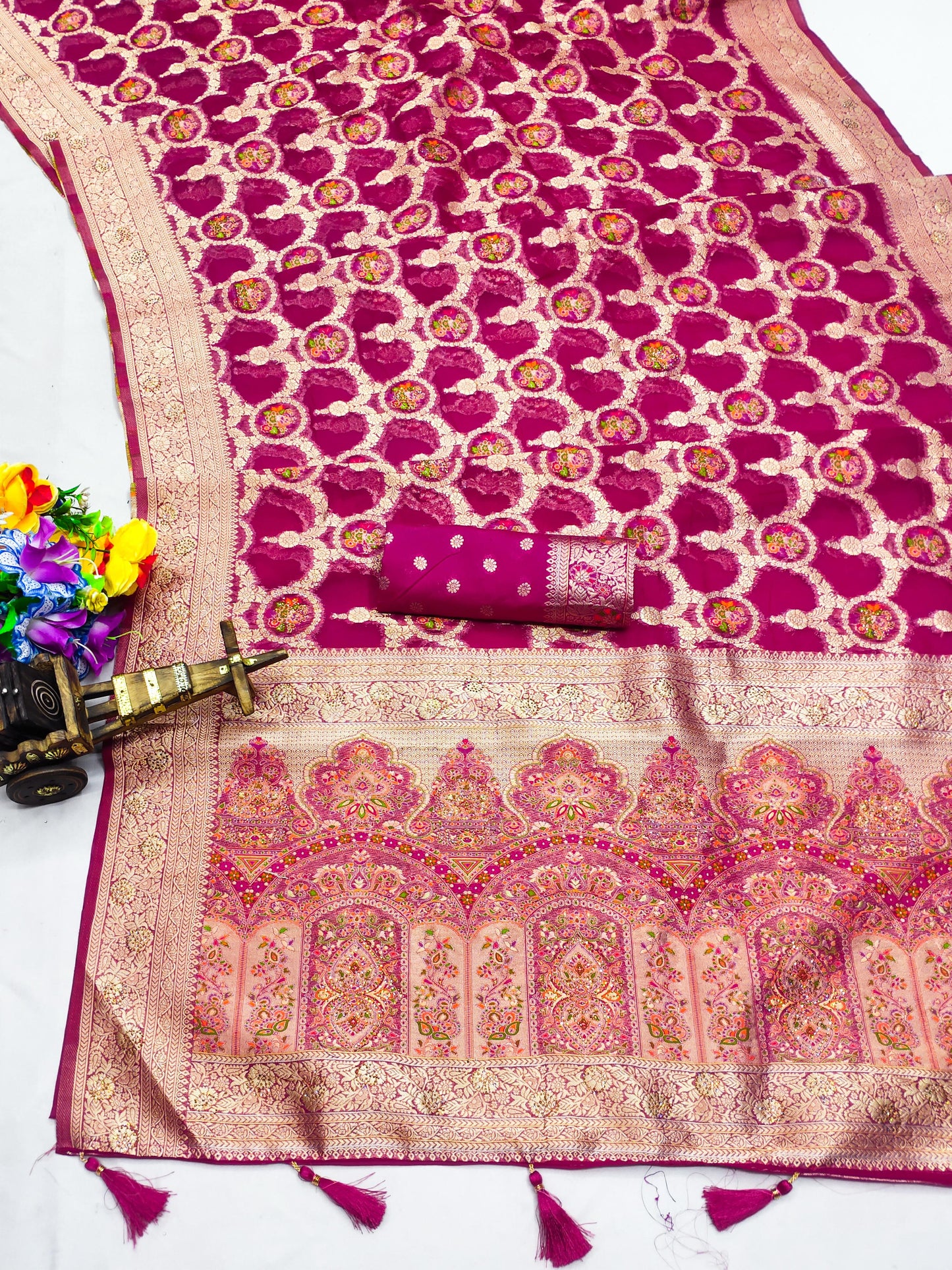 AJ-ASLI-SONA ORGANZA PASHMINA SILK WITH HEAVY SIROSKI WORK ALL OVER WITH HEAVY MEENA WORK WORK WITH FABRIC WORK AT RICH PALLU WITH TASSELS ATTACHED ON PALLU