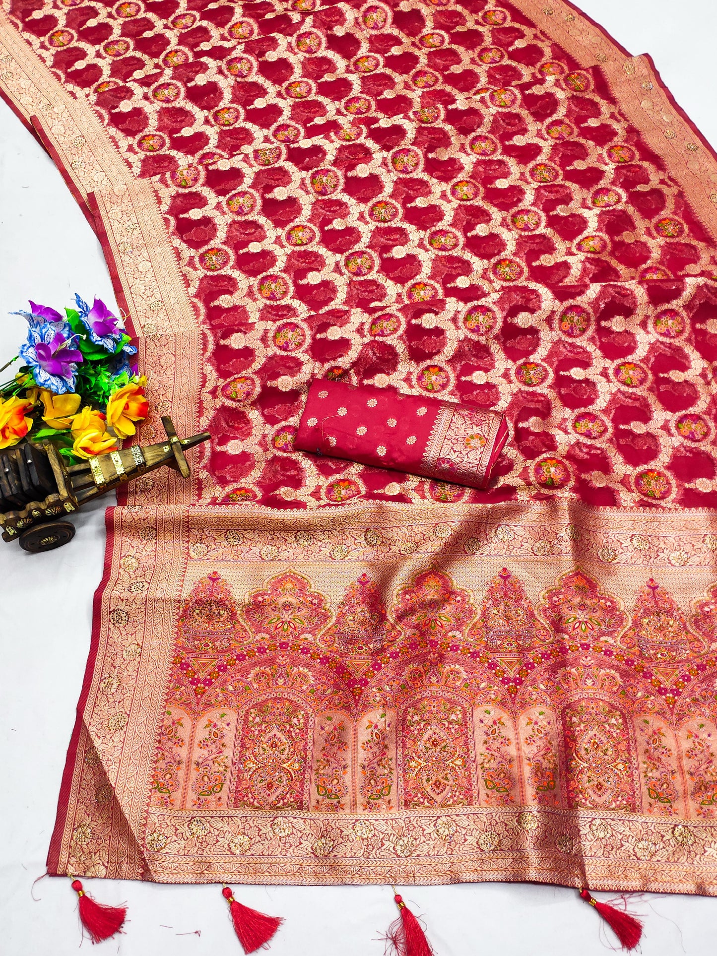 AJ-ASLI-SONA ORGANZA PASHMINA SILK WITH HEAVY SIROSKI WORK ALL OVER WITH HEAVY MEENA WORK WORK WITH FABRIC WORK AT RICH PALLU WITH TASSELS ATTACHED ON PALLU