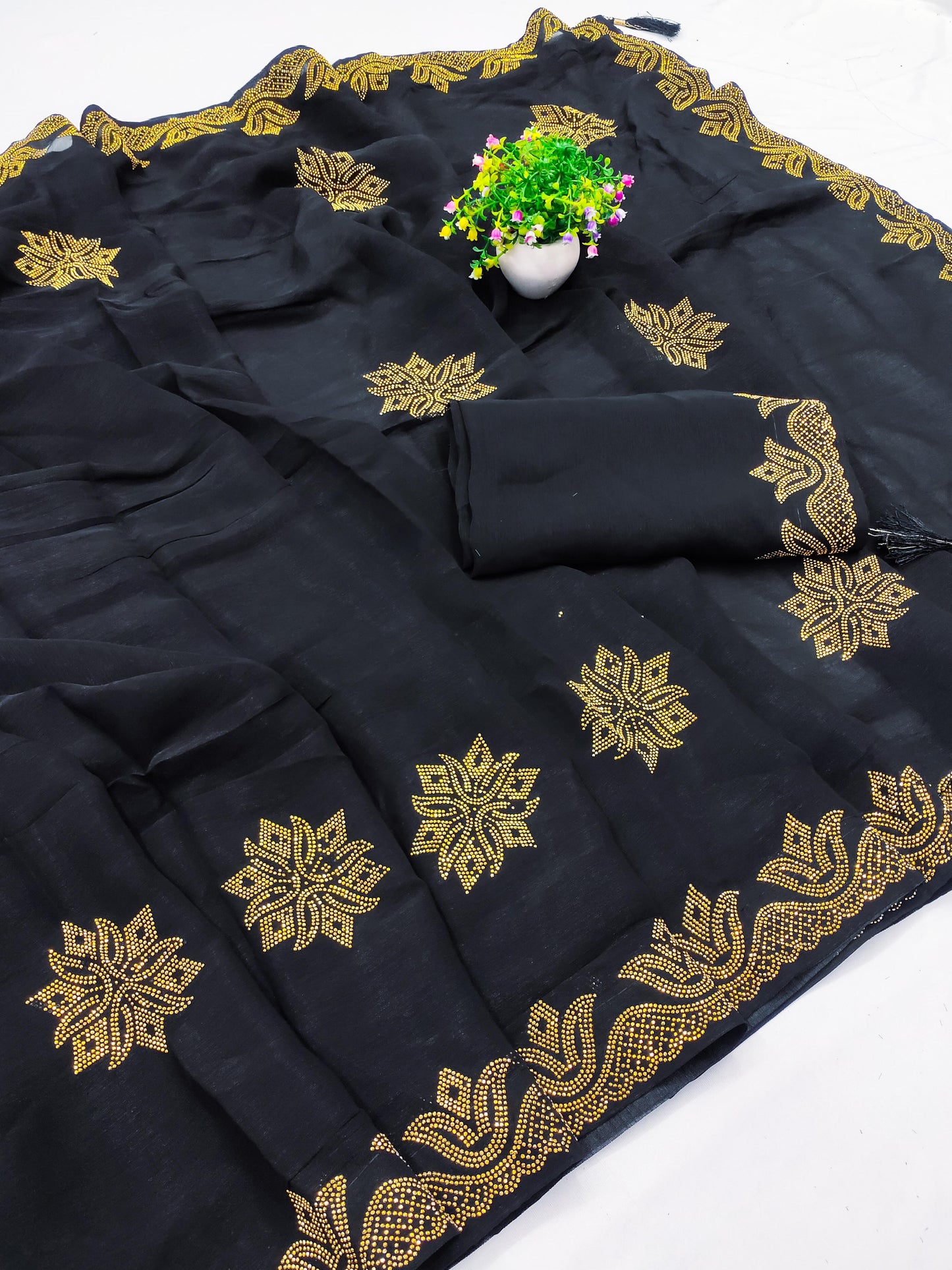 DF-GOLDY 60 GRAM GEORGETTE SAREE WITH BEAUTIFUL GOLD SIROSKI WORK ALL OVER WITH TASSEL