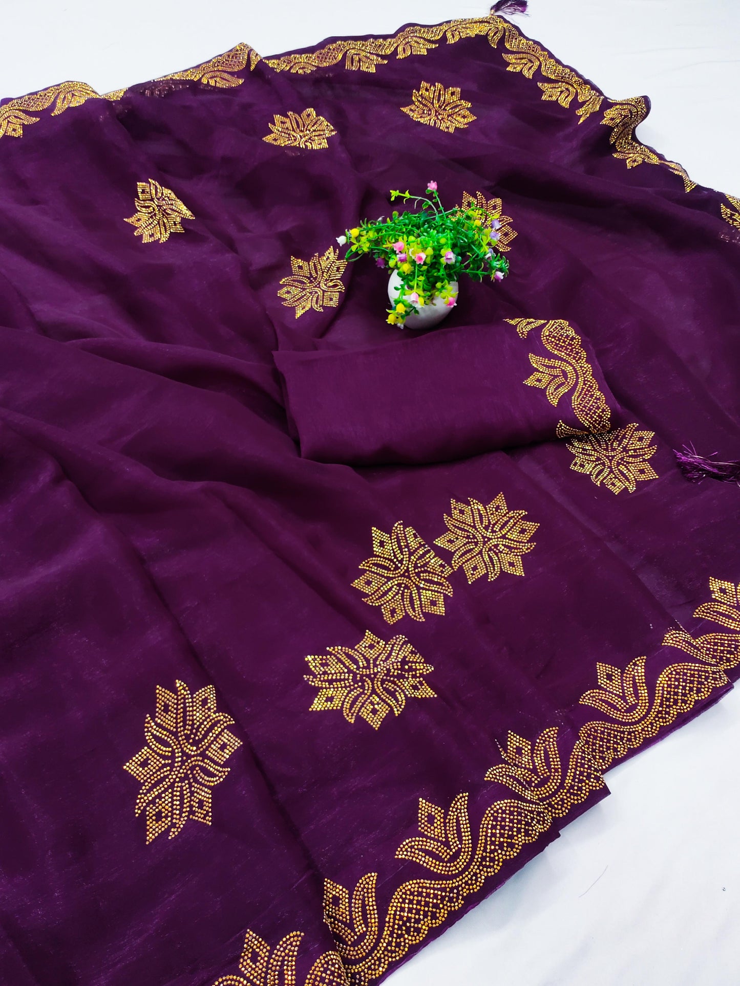DF-GOLDY 60 GRAM GEORGETTE SAREE WITH BEAUTIFUL GOLD SIROSKI WORK ALL OVER WITH TASSEL