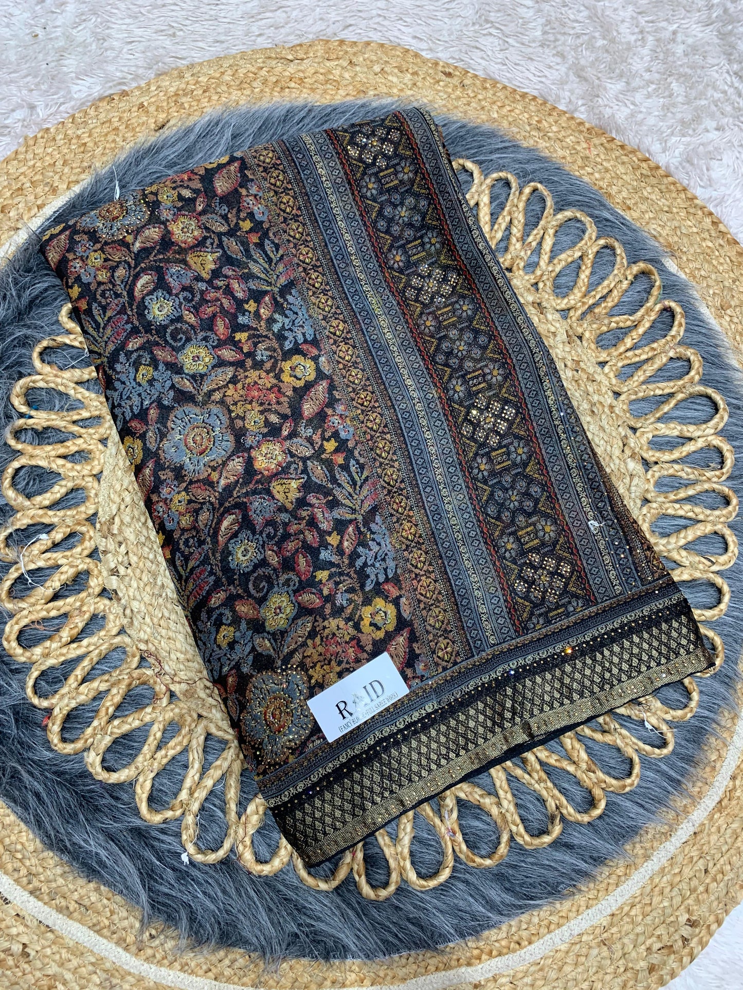 RF-RAID FANCY PRINTED SAREE WITH BRASSO WITH BLACK COMMON WITH HEAVY WORK BLOUSE