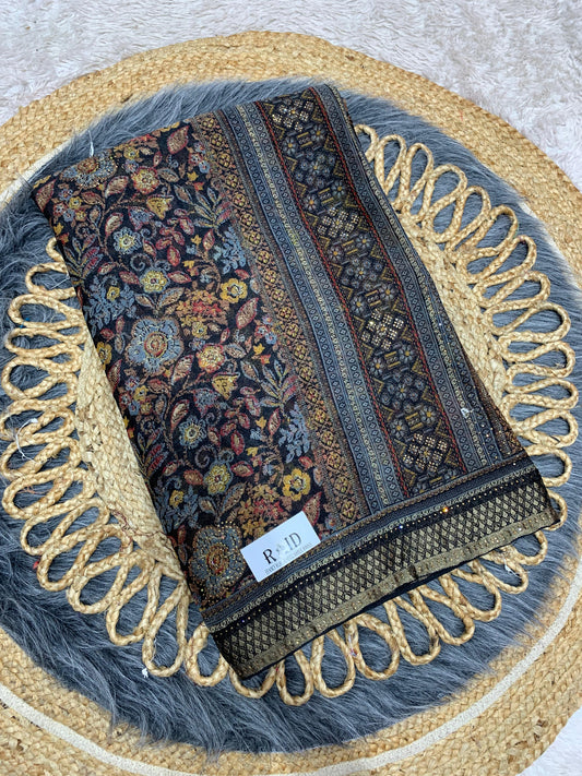 RF-RAID FANCY PRINTED SAREE WITH BRASSO WITH BLACK COMMON WITH HEAVY WORK BLOUSE