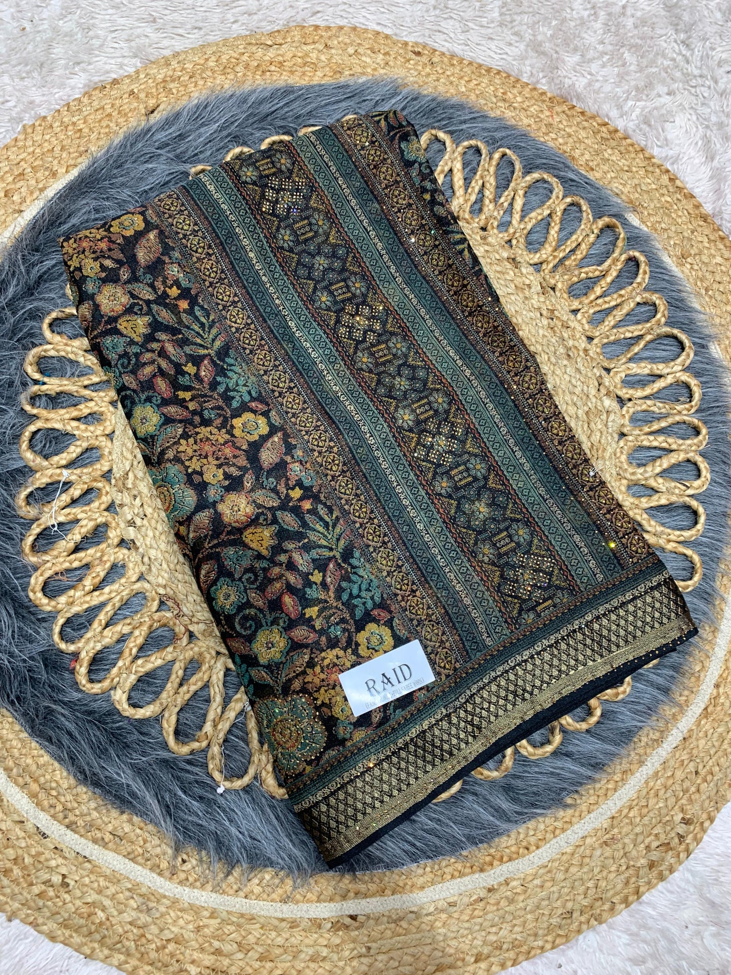 RF-RAID FANCY PRINTED SAREE WITH BRASSO WITH BLACK COMMON WITH HEAVY WORK BLOUSE