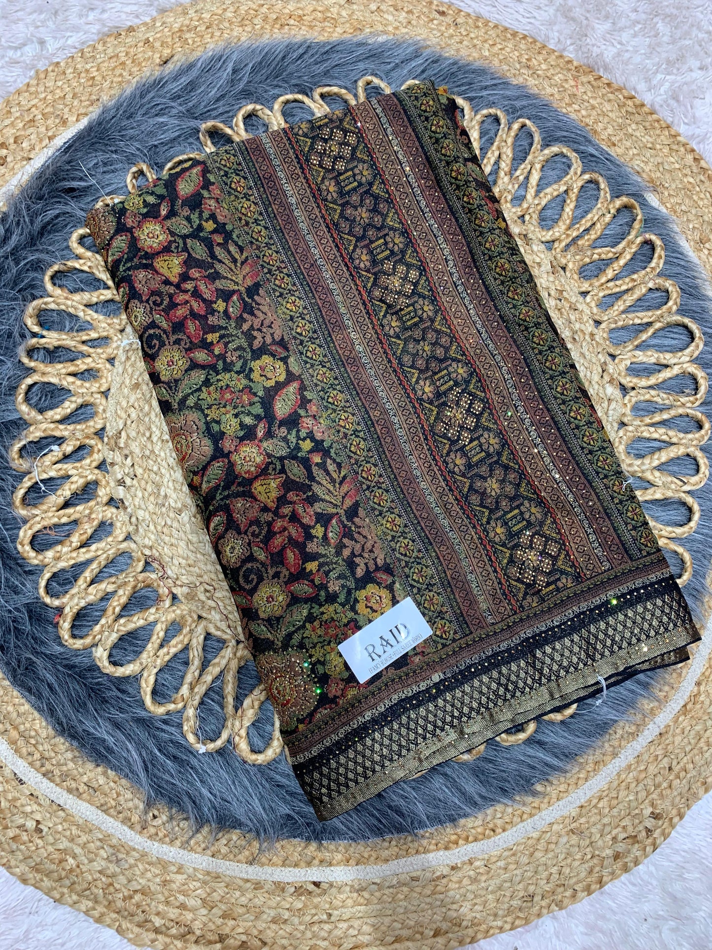 RF-RAID FANCY PRINTED SAREE WITH BRASSO WITH BLACK COMMON WITH HEAVY WORK BLOUSE