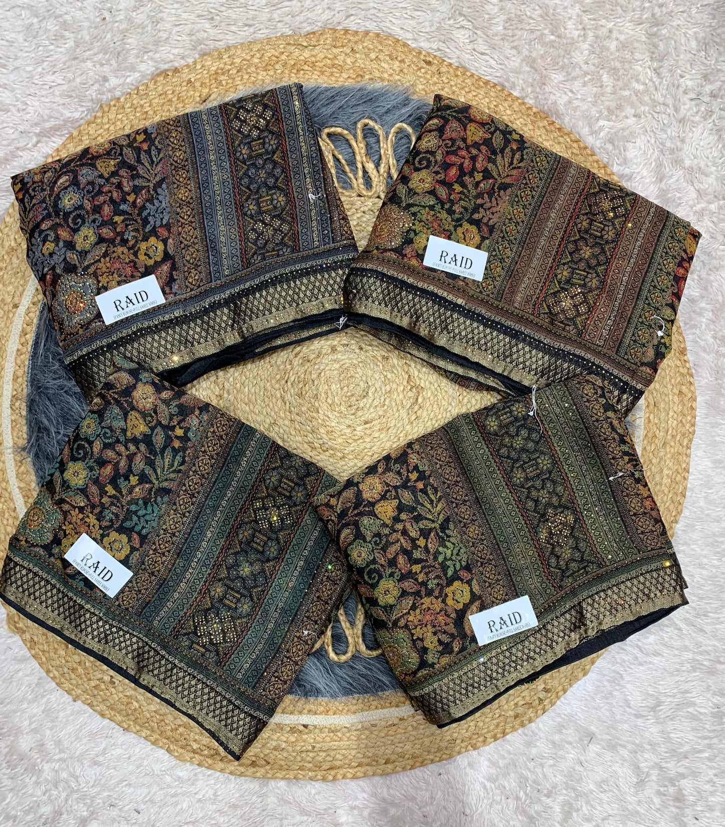 RF-RAID FANCY PRINTED SAREE WITH BRASSO WITH BLACK COMMON WITH HEAVY WORK BLOUSE