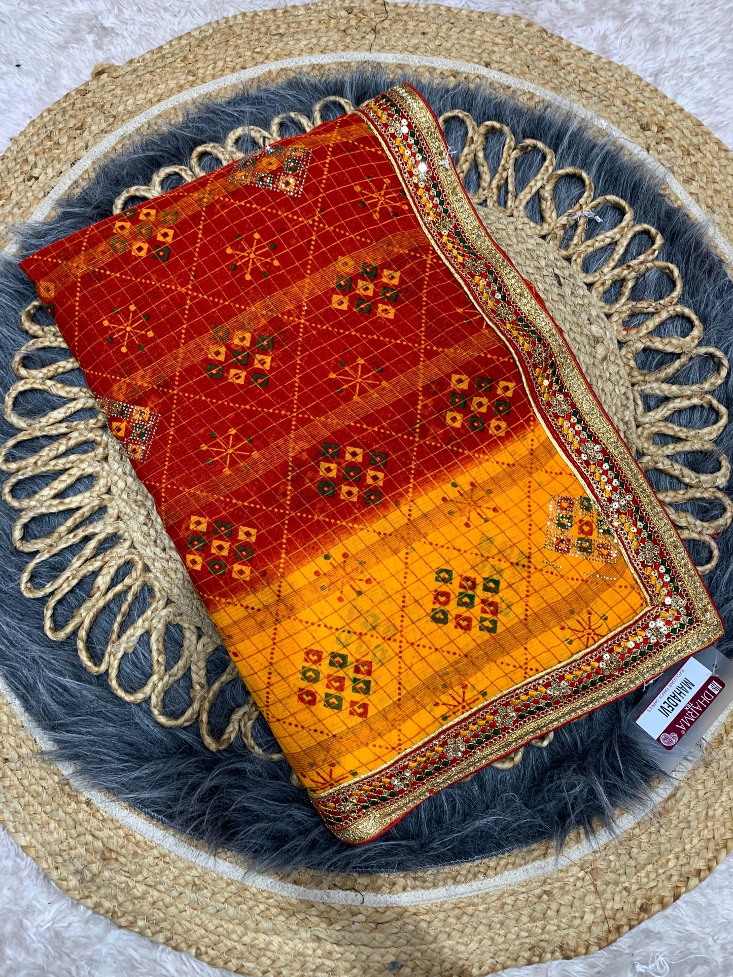 BS-MAHADEVI PREMIUM BANDANI SAREE WITH BEAUTIFUL EMBOROIDERY WORK