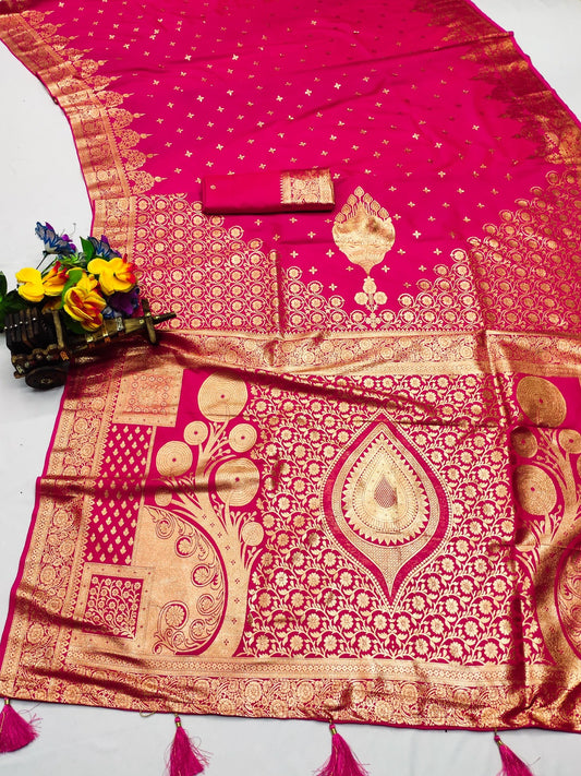 AJ-SUPER-PALLU PREMIUM SOFT SILK SAREE WITH AWESOME GRAND PALLU WITH CRAFTED WITH BANARASI JAREE WITH PATLI DESIGN AND TASSELS