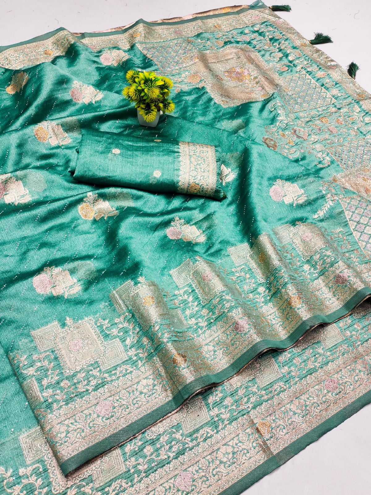 AJ-SPACE PREMIUM KHADI SILK SAREE WITH GRAND PALLU WITH BEAUTIFUL DESIGN WITH SIROSKI ALL OVER WITH TASSELS ATTACHED ON PALLU