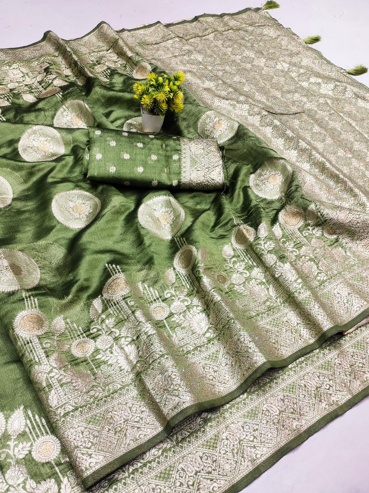 AJ-SURAT PREMIUM KHADI SILK SAREE WITH RICH PALLU SAREE WITH BEAUTIFUL TRENDY BHUTA DESIGN WITH SIROSKI ALL OVER AND TASSELS ATTACHED