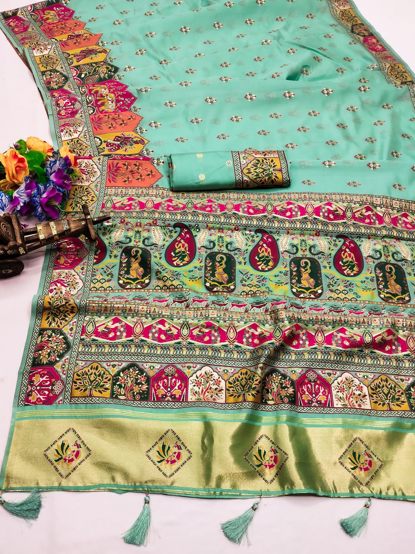 AJ-PASHMINA-2 PREMIUM LICHI PASHMINA SILK SAREE WITH BEAUTIFUL GRAND PALLU WITH JAREE PATTA AND BUTI BLOUSE
