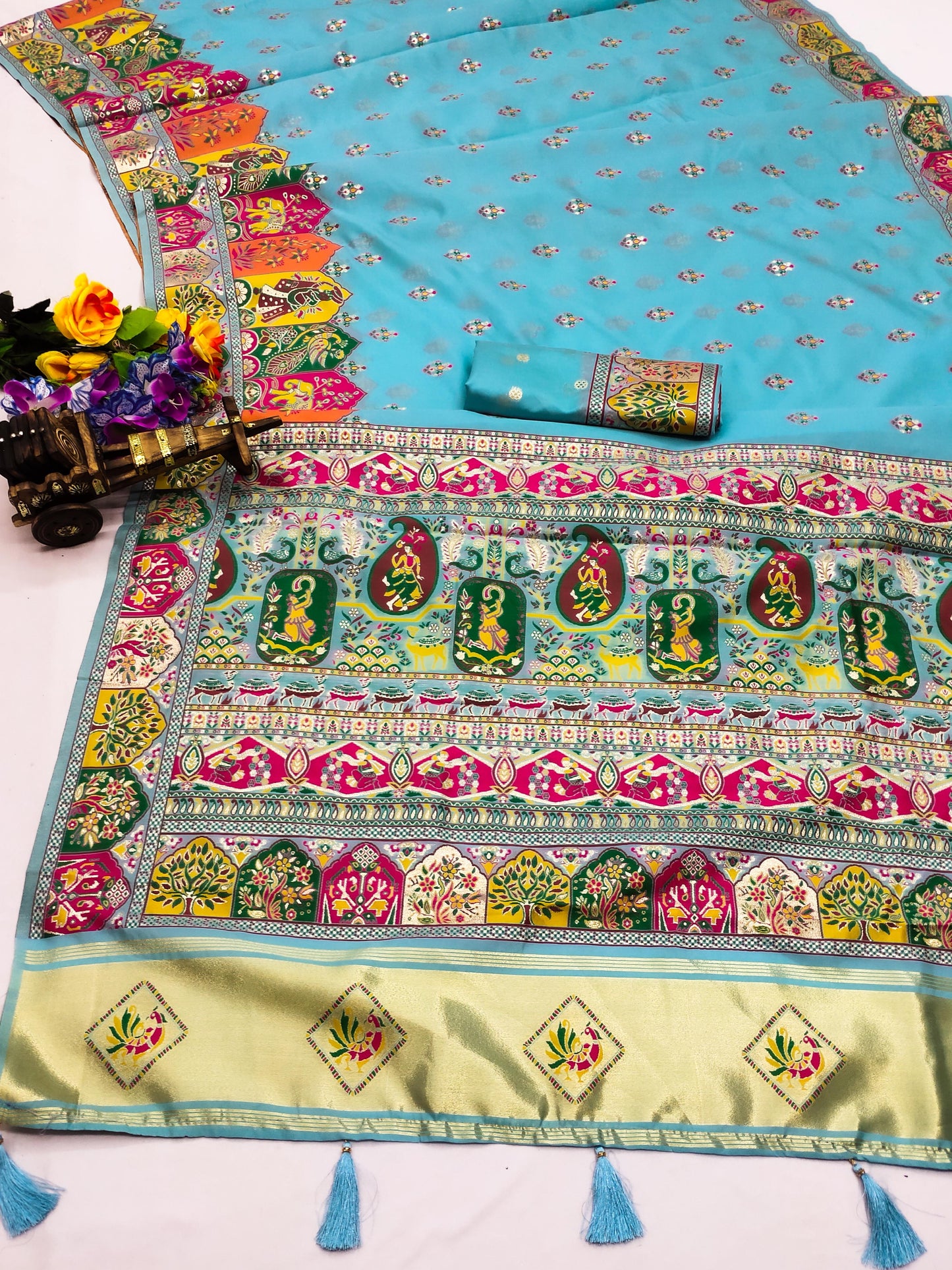 AJ-PASHMINA-2 PREMIUM LICHI PASHMINA SILK SAREE WITH BEAUTIFUL GRAND PALLU WITH JAREE PATTA AND BUTI BLOUSE