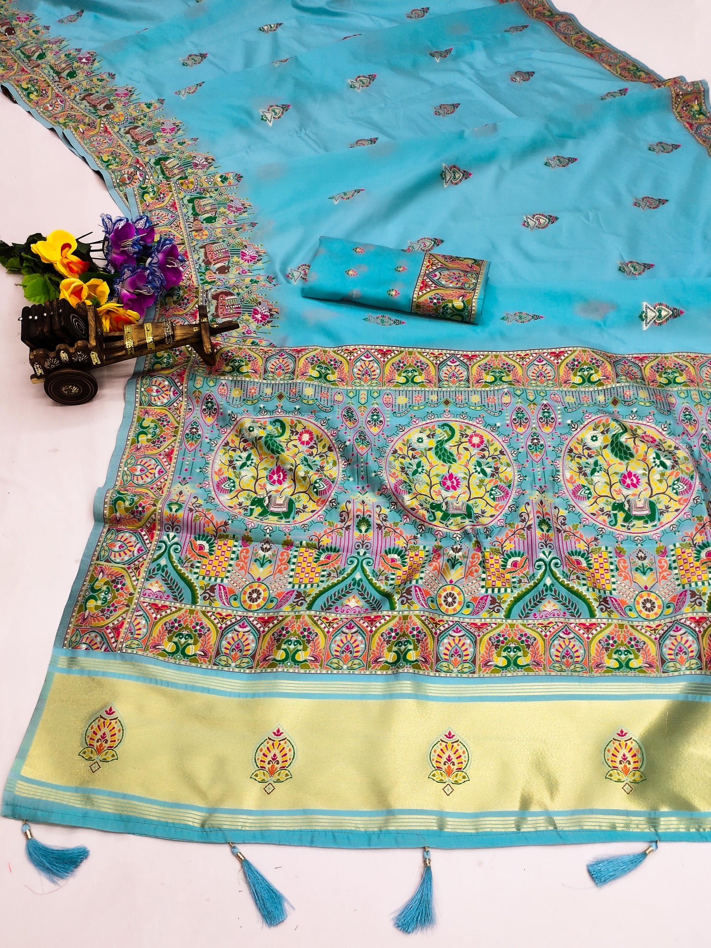 AJ-PASHMINA-5 PREMIUM LICHI PASHMINA SILK SAREE WITH BEAUTIFUL GRAND PALLU WITH JAREE PATTA AND BUTI BLOUSE