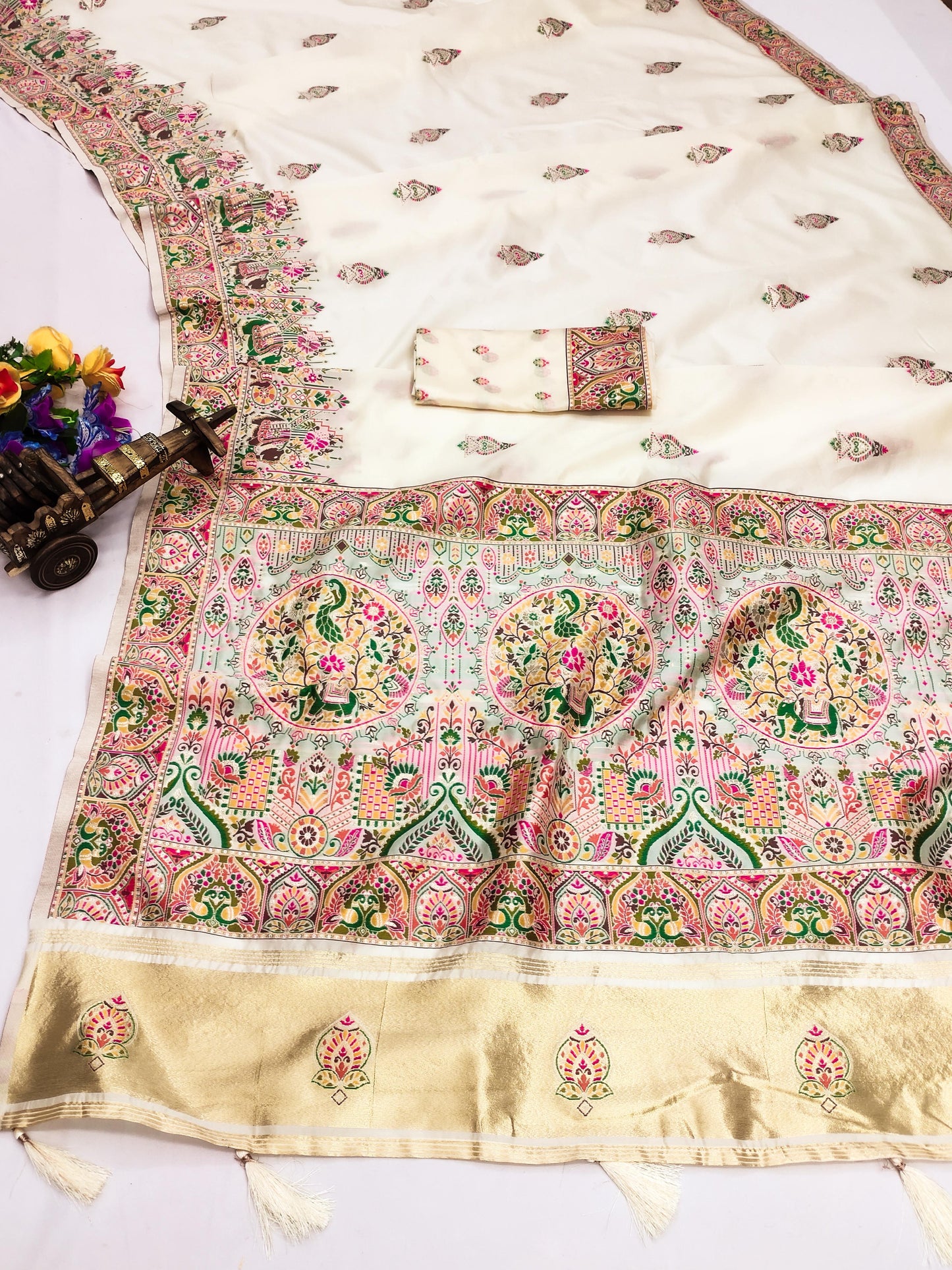 AJ-PASHMINA-5 PREMIUM LICHI PASHMINA SILK SAREE WITH BEAUTIFUL GRAND PALLU WITH JAREE PATTA AND BUTI BLOUSE