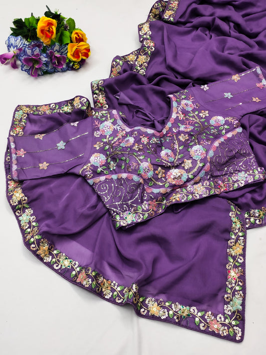 DF-MOHINI FANCY PREMIUM CHOCALTE SAREE WITH BEAUTIFUL THREAD AND SEQUENCE WORK AT BORDER WITH STICHED HEAVY BLOUSE