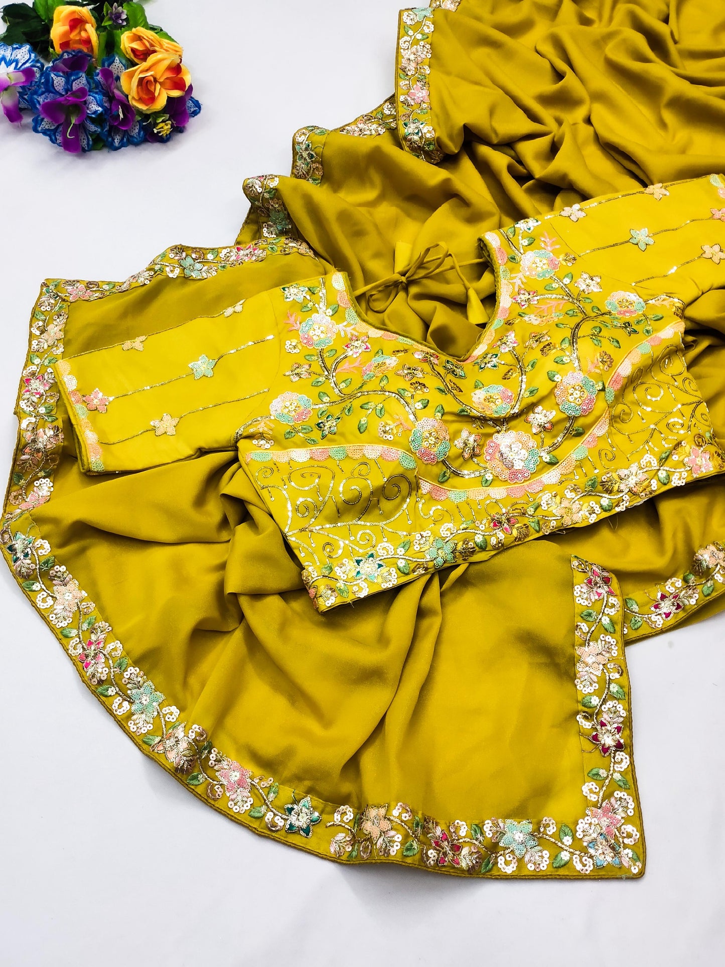 DF-MOHINI FANCY PREMIUM CHOCALTE SAREE WITH BEAUTIFUL THREAD AND SEQUENCE WORK AT BORDER WITH STICHED HEAVY BLOUSE