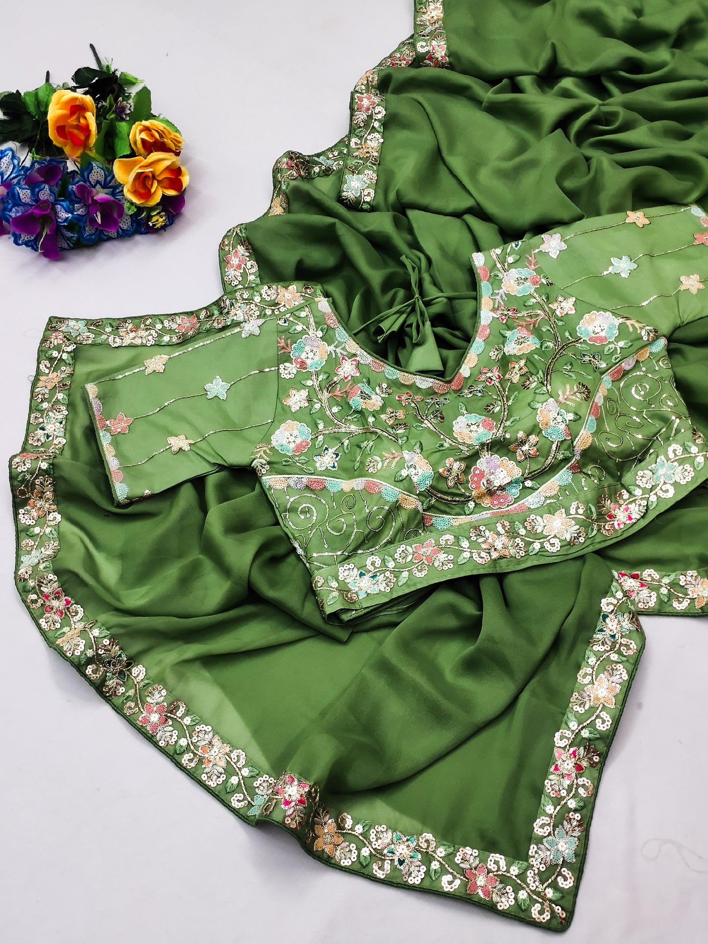 DF-MOHINI FANCY PREMIUM CHOCALTE SAREE WITH BEAUTIFUL THREAD AND SEQUENCE WORK AT BORDER WITH STICHED HEAVY BLOUSE