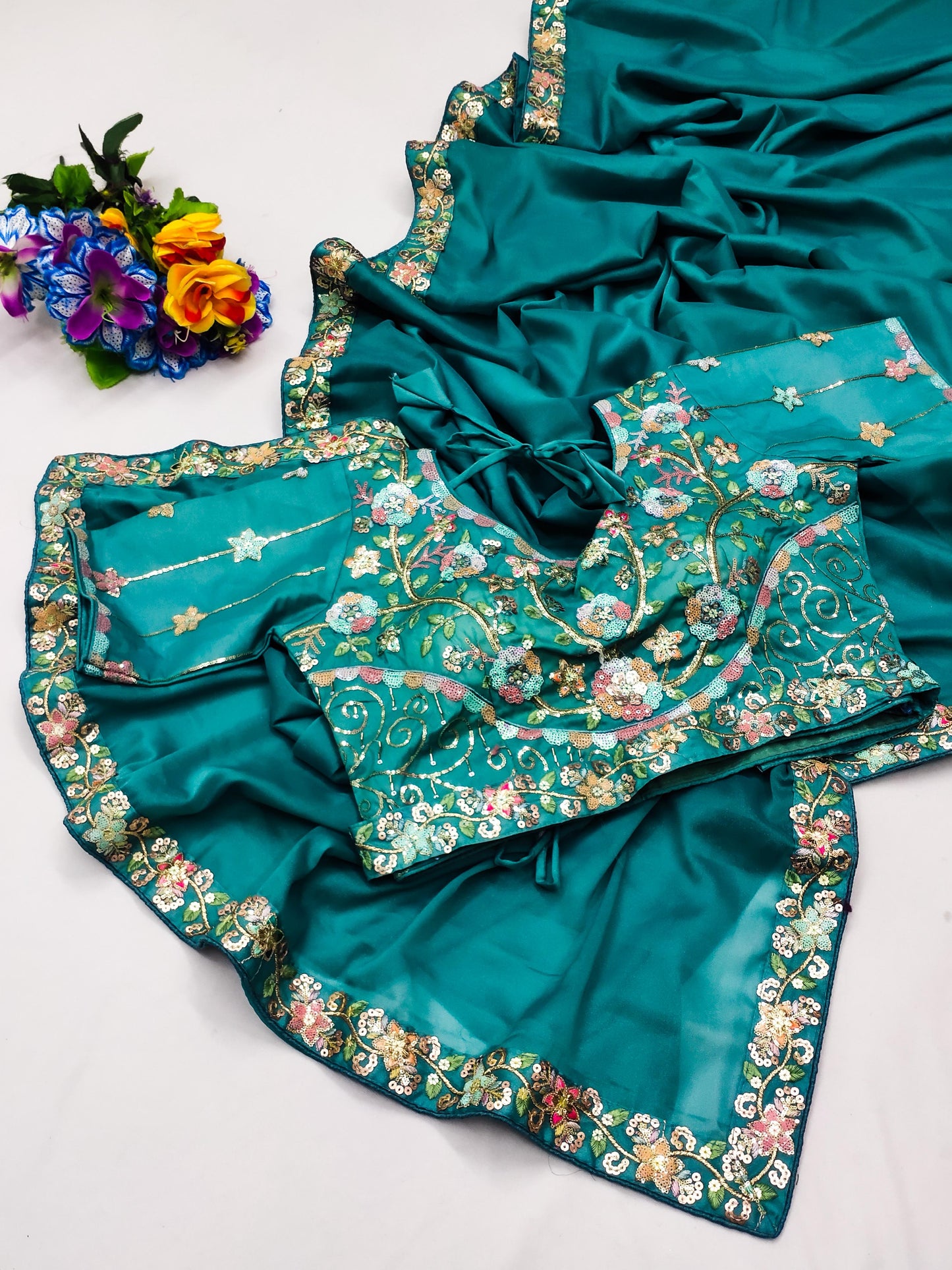 DF-MOHINI FANCY PREMIUM CHOCALTE SAREE WITH BEAUTIFUL THREAD AND SEQUENCE WORK AT BORDER WITH STICHED HEAVY BLOUSE