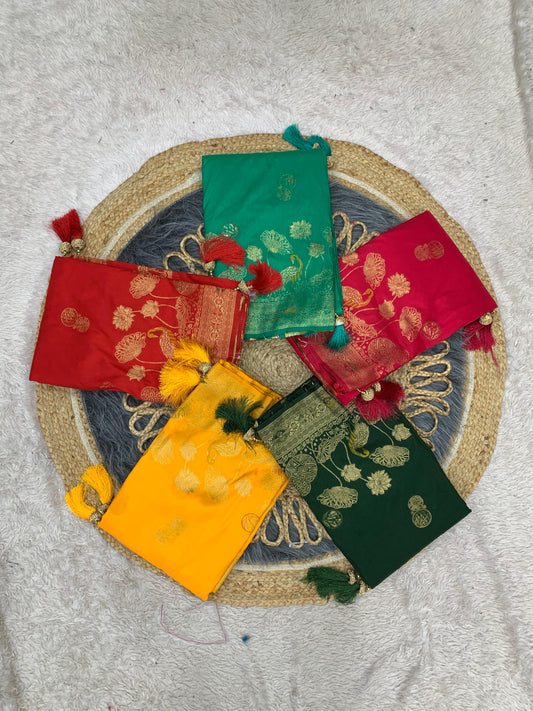 AJ-SANGMARMAR PREMIUM ITALAIN DOLA SILK SAREE WITH BEAUTIFUL OPEN PALLU WITH PEACOCK DESIGN WITH HEAVY TASSELS