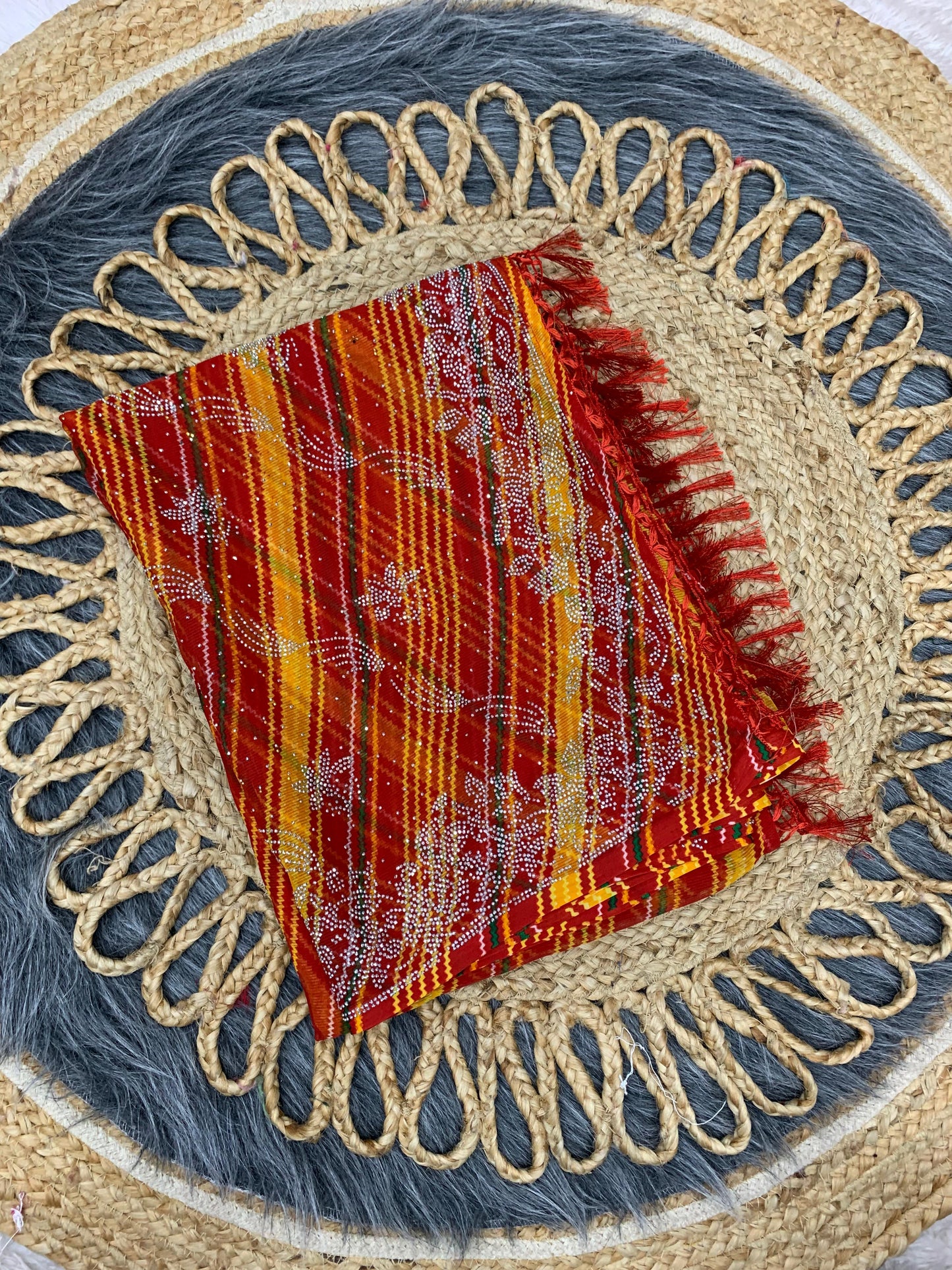 PRINT-3011 CHIFFON SAREE WITH SIROSKI AND JHALAR ON PALLU WITH BEAUTIFUL BANDANI PRINT