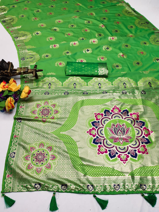 AJ-POOJA SOFT SILK SAREE WITH GRAND PALLU WITH LOTUS DESIGN WITH PALTI AND MEENAKARI WORK