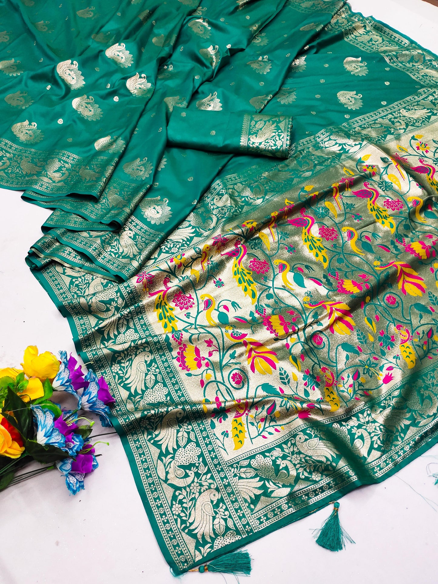 AJ-DIYA PREMIUM SOFT PAITHANI SILK SAREE WITH BEAUTIFUL PEACOCK PALLU WITH NARAYAN PAITHANI DESIGN WITH TASSELS
