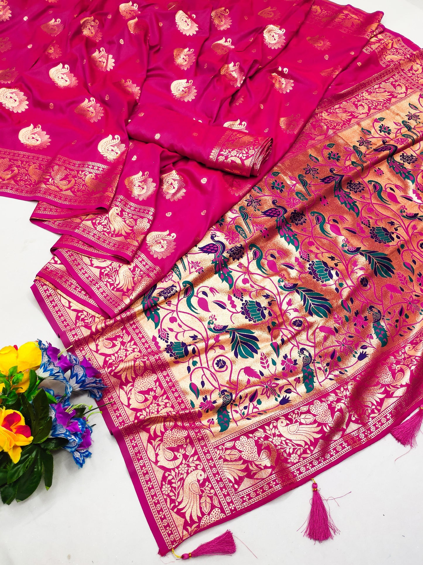 AJ-DIYA PREMIUM SOFT PAITHANI SILK SAREE WITH BEAUTIFUL PEACOCK PALLU WITH NARAYAN PAITHANI DESIGN WITH TASSELS