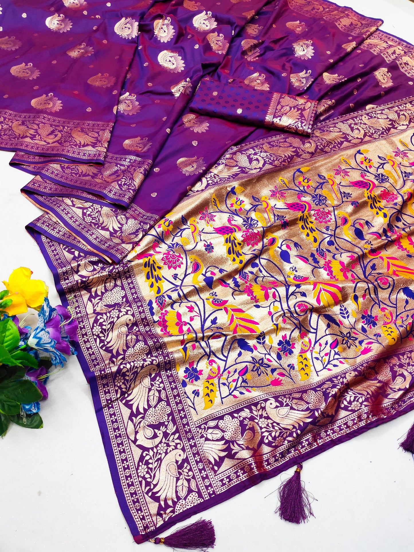 AJ-DIYA PREMIUM SOFT PAITHANI SILK SAREE WITH BEAUTIFUL PEACOCK PALLU WITH NARAYAN PAITHANI DESIGN WITH TASSELS