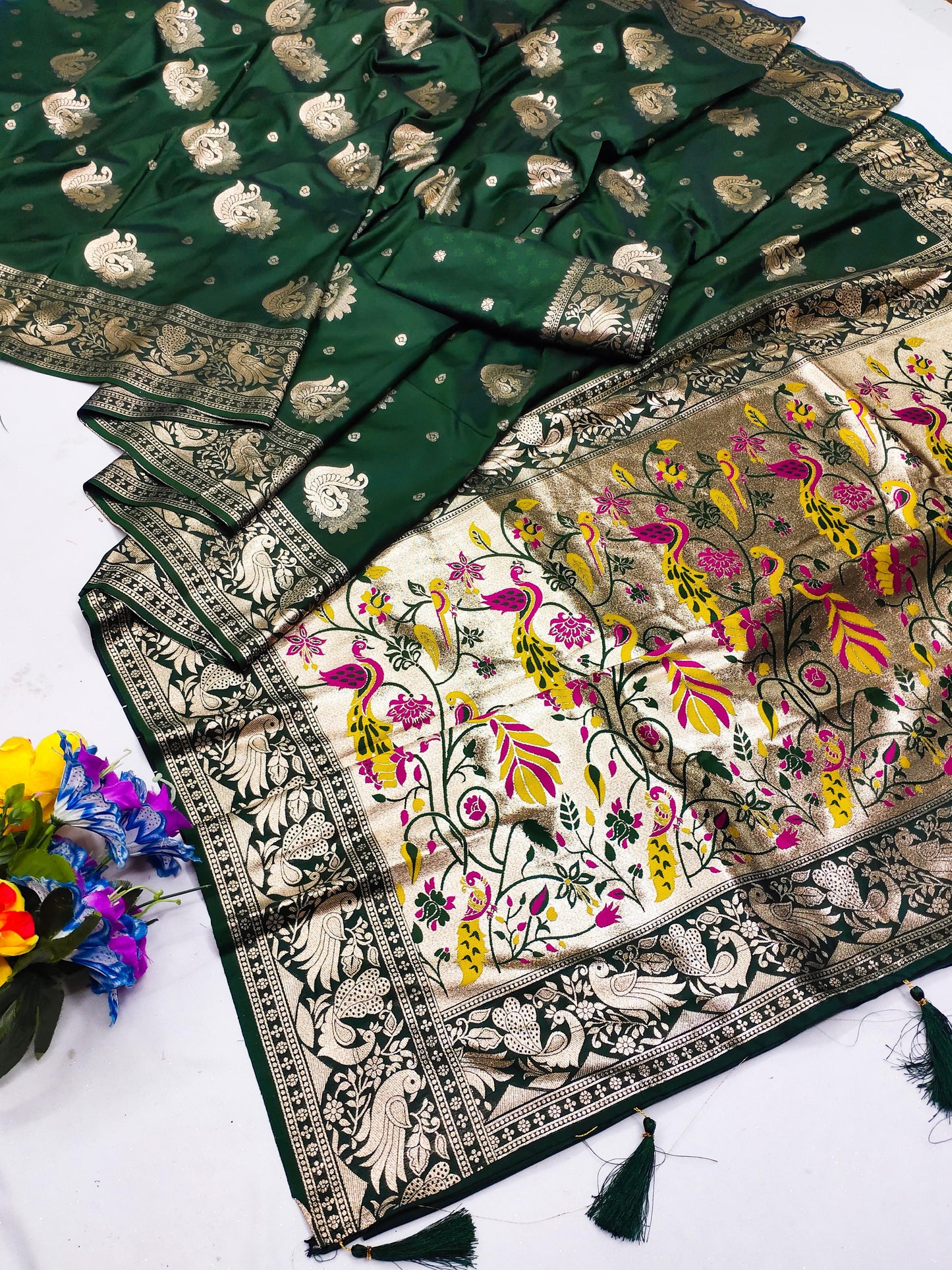 AJ-DIYA PREMIUM SOFT PAITHANI SILK SAREE WITH BEAUTIFUL PEACOCK PALLU WITH NARAYAN PAITHANI DESIGN WITH TASSELS