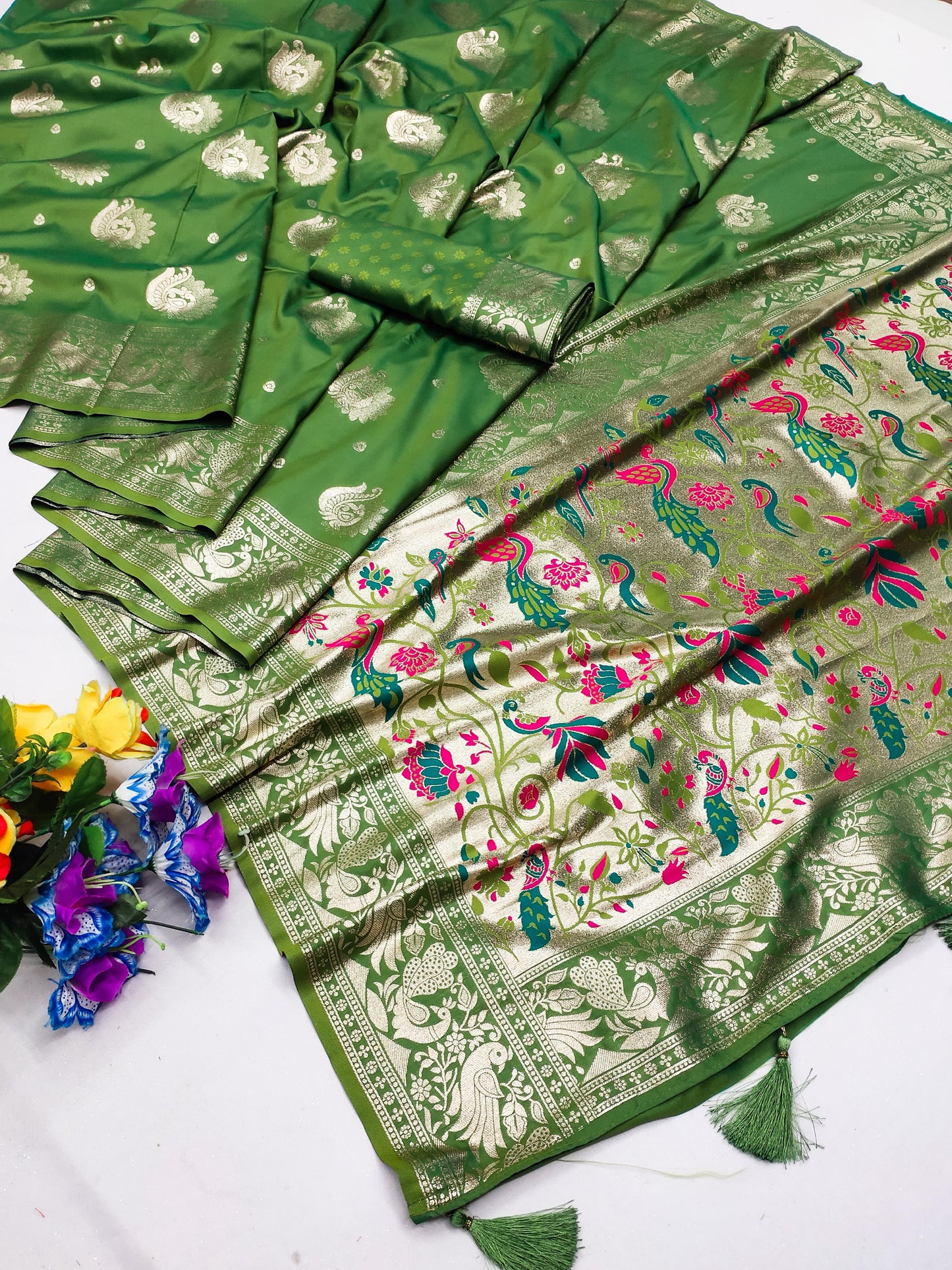 AJ-DIYA PREMIUM SOFT PAITHANI SILK SAREE WITH BEAUTIFUL PEACOCK PALLU WITH NARAYAN PAITHANI DESIGN WITH TASSELS